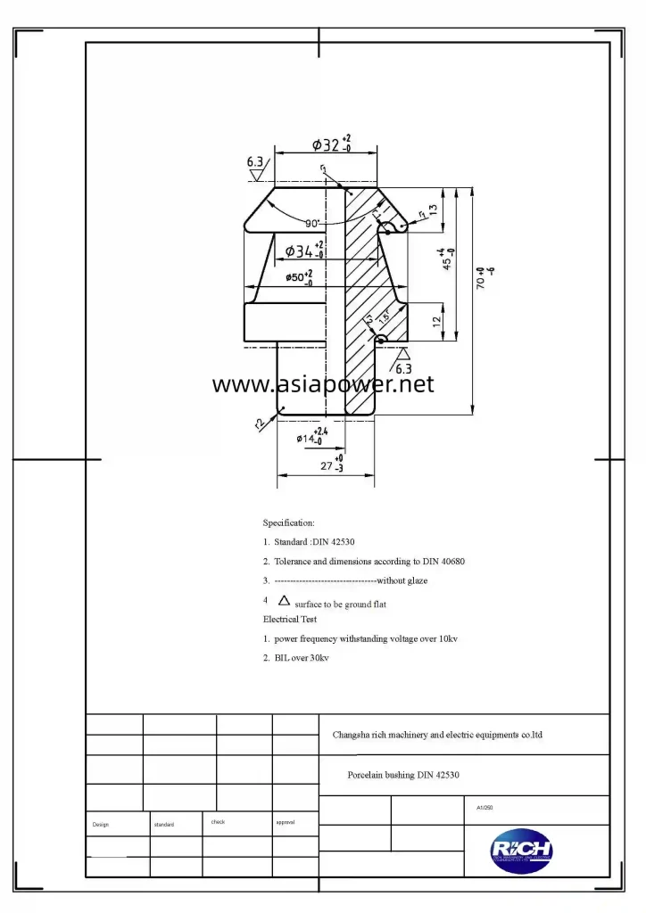 DIN42530 1kv 250 1kv 630 Porcelain Bushing For Transformer 7 1 kv 250 bushing