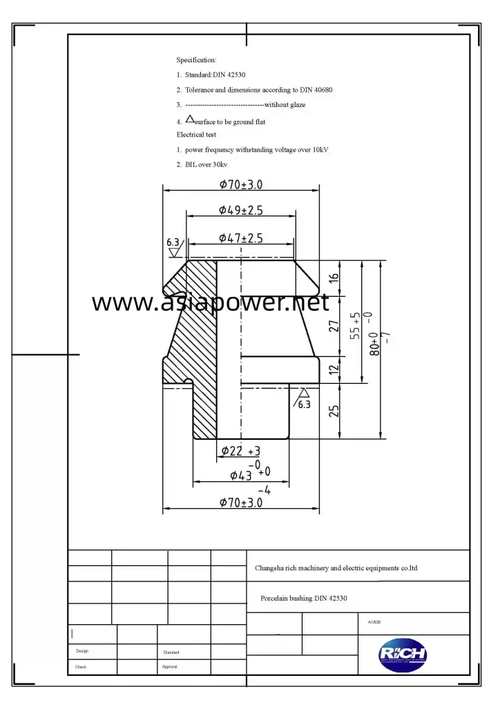 DIN42530 1kv 250 1kv 630 Porcelain Bushing For Transformer 9 1kv 630 bushing