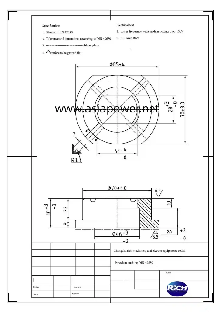 DIN42530 1kv 250 1kv 630 Porcelain Bushing For Transformer 10 1kv 630 bushing